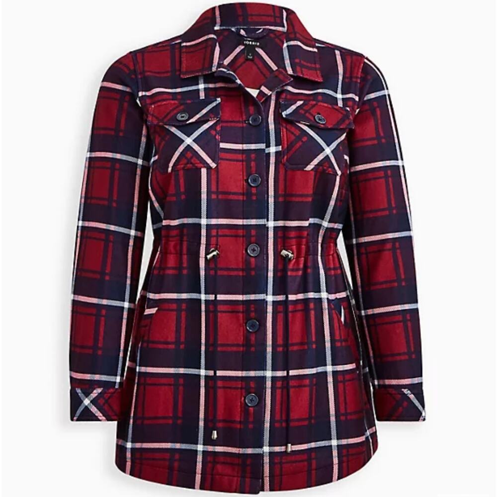 Torrid NWT Shacket Fleece Plaid Red Blue Size 00X M/L Drawstring Waist Pockets
